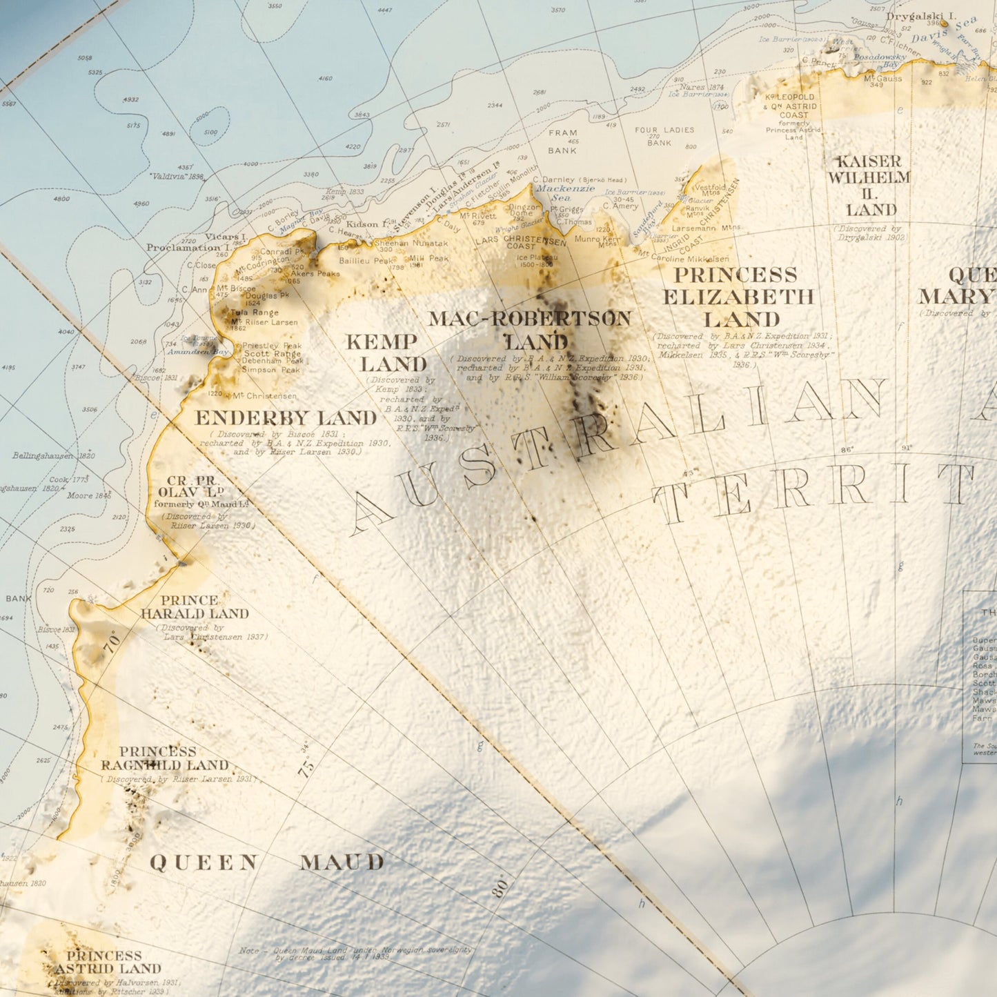 Antarctica Topography - Shaded Relief Map (1939)