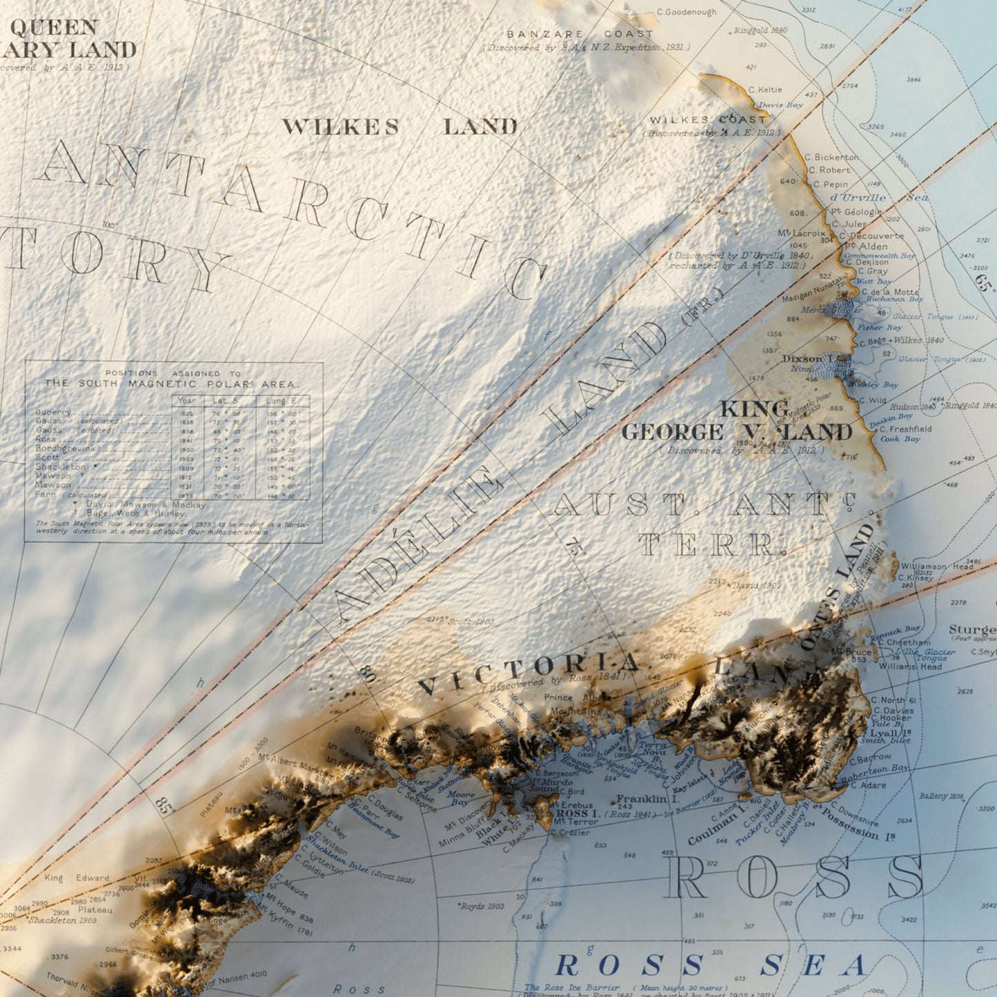 Antarctica Topography - Shaded Relief Map (1939)