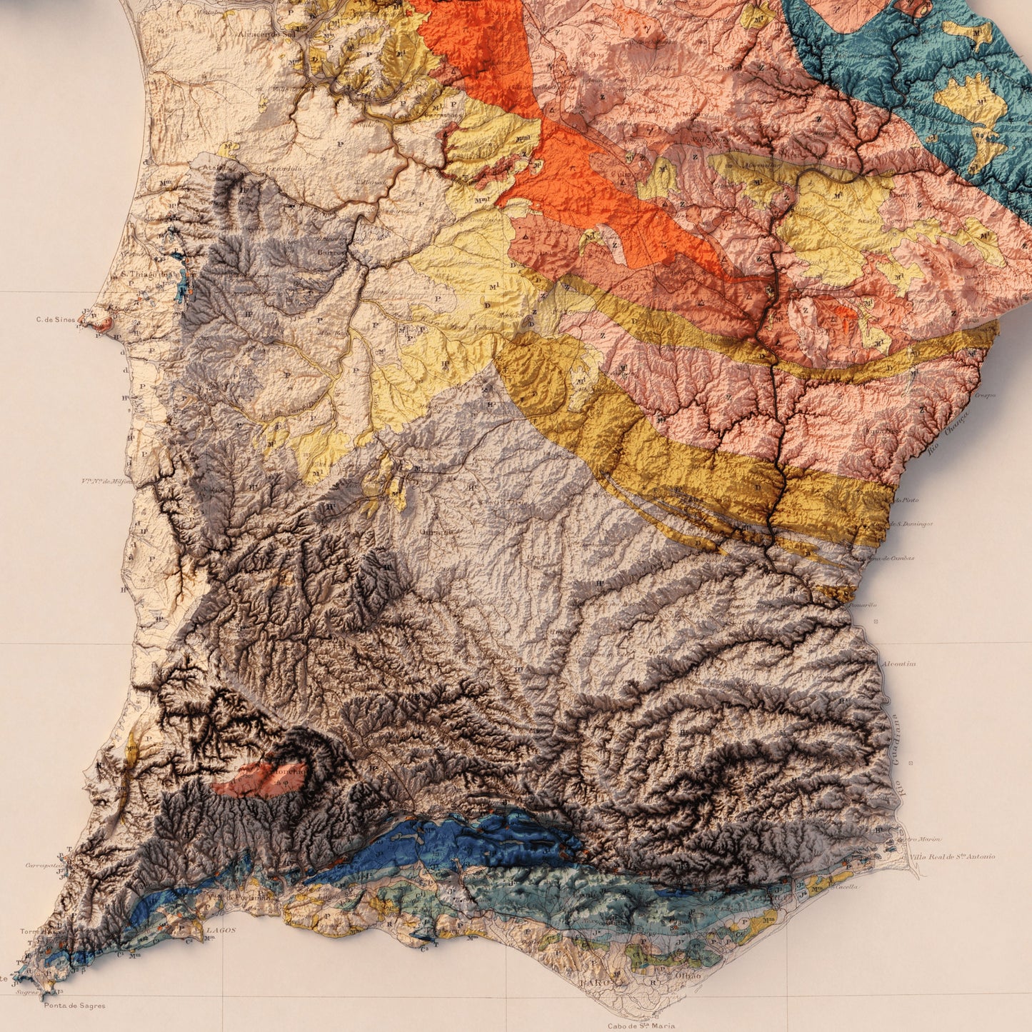 Portugal Geology - Shaded Relief Map (1899)