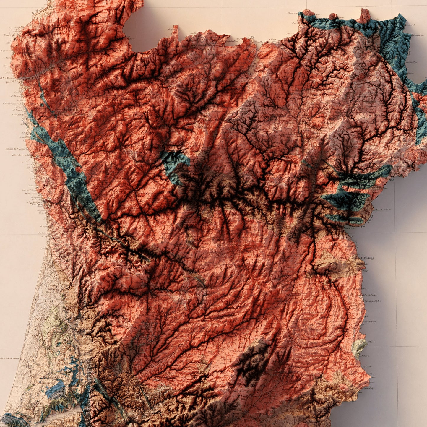 Portugal Geology - Shaded Relief Map (1899)