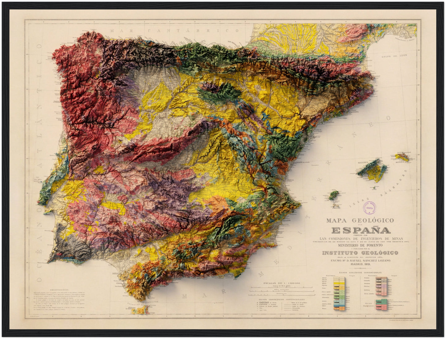 Spain & Portugal Geology - Shaded Relief Map (1919)