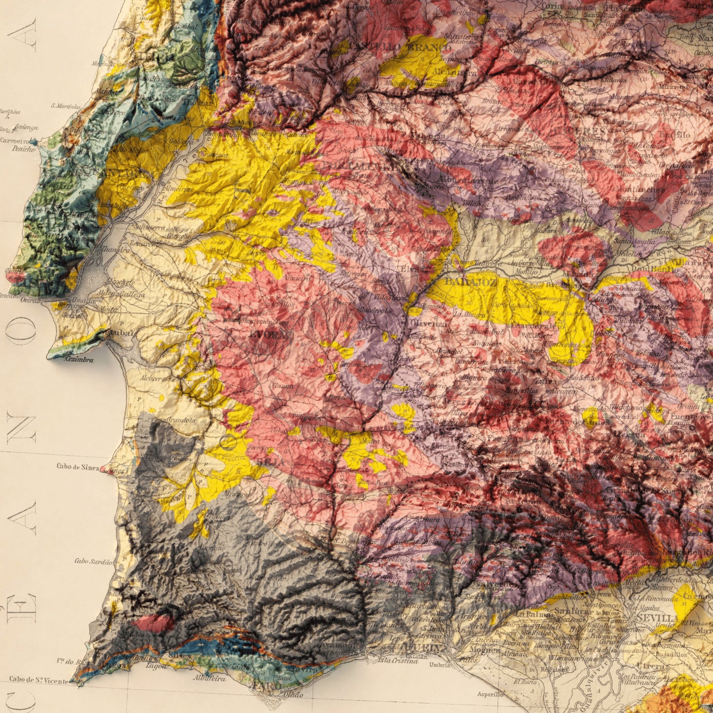 Spain & Portugal Geology - Shaded Relief Map (1919)