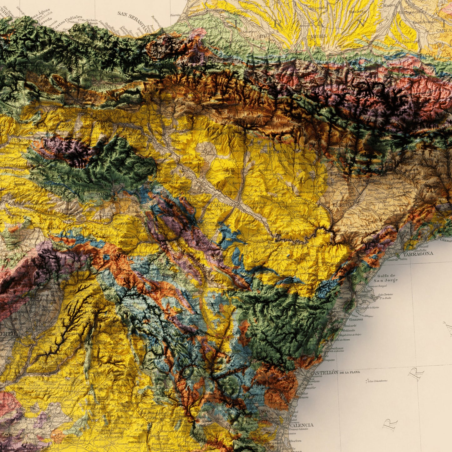 Spain & Portugal Geology - Shaded Relief Map (1919)