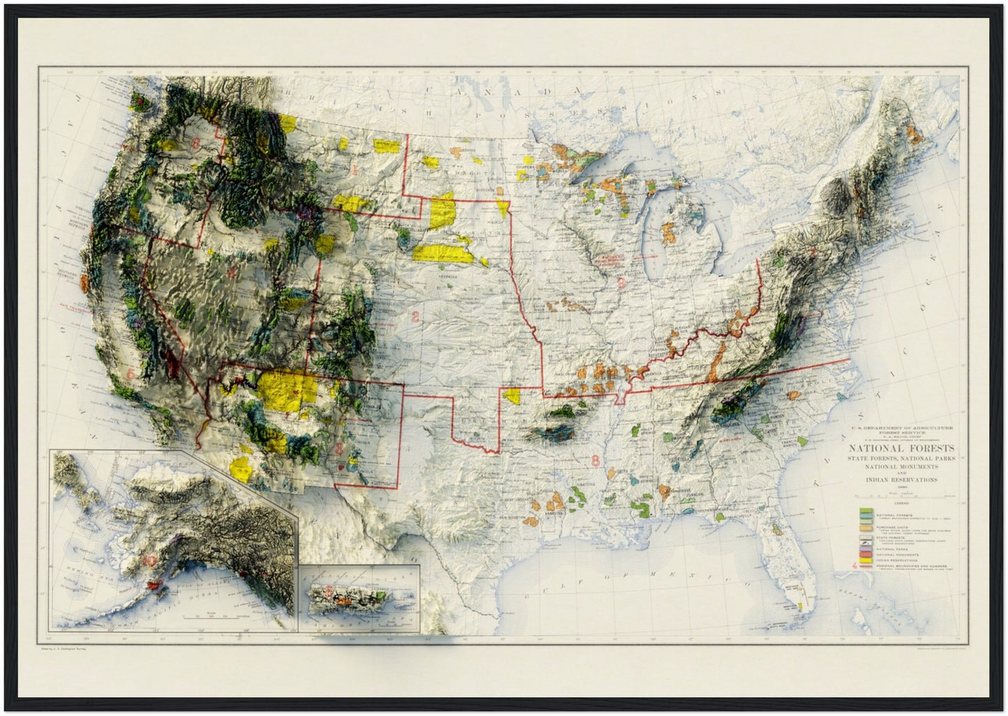 United States National Forests & Parks - Shaded Relief Map (1936)