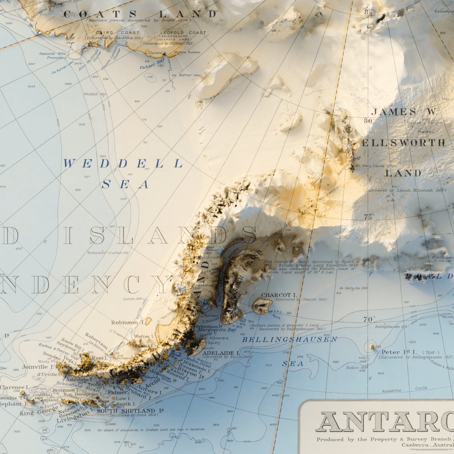 Antarctica Topography - Shaded Relief Map (1939)