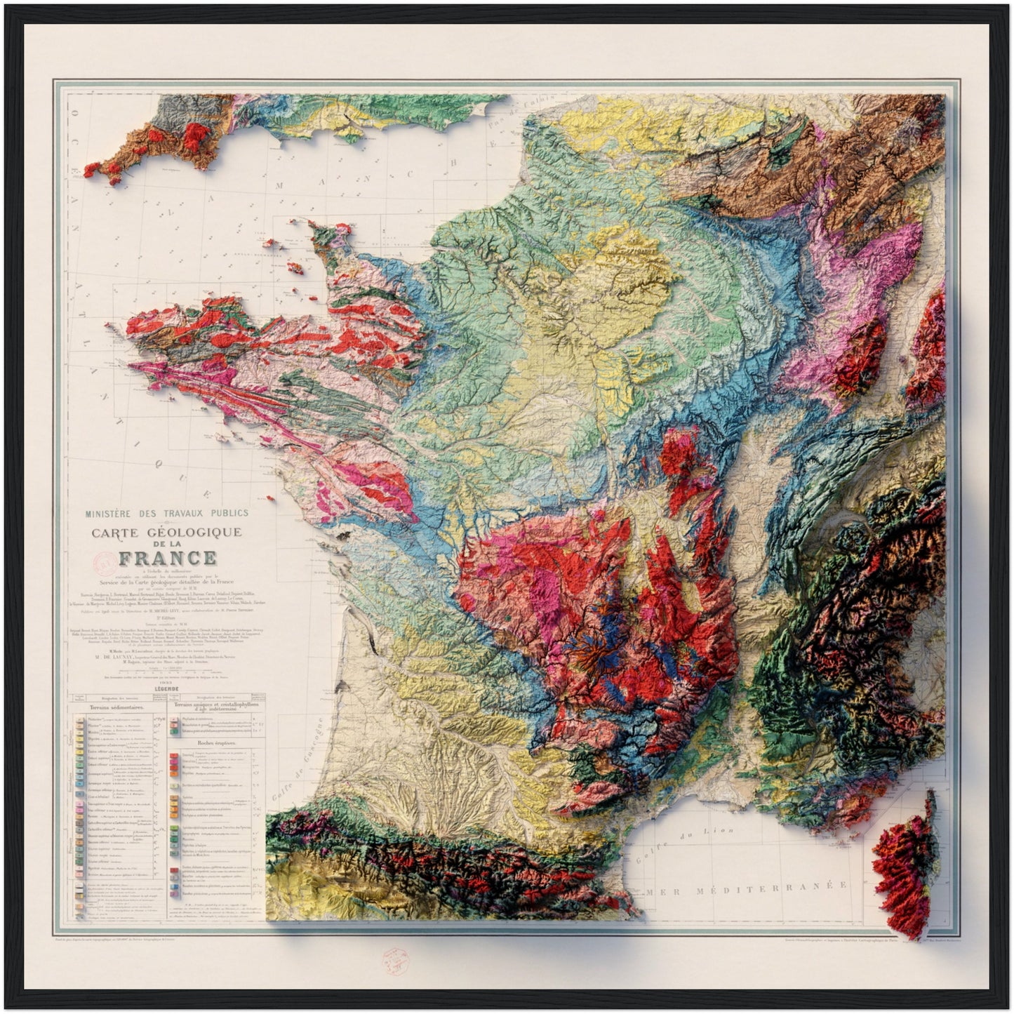 France Geology - Shaded Relief Map (1905)