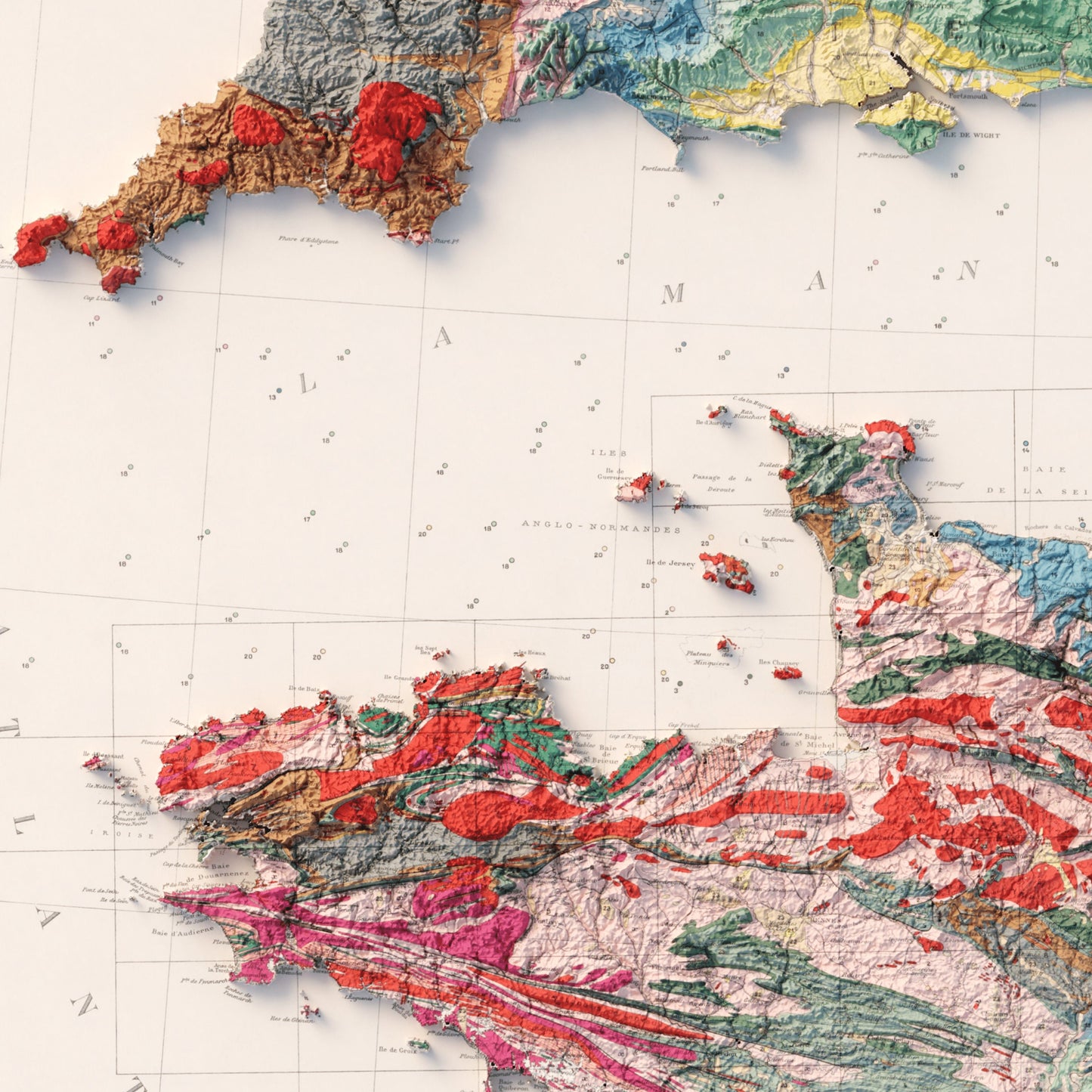 France Geology - Shaded Relief Map (1905)