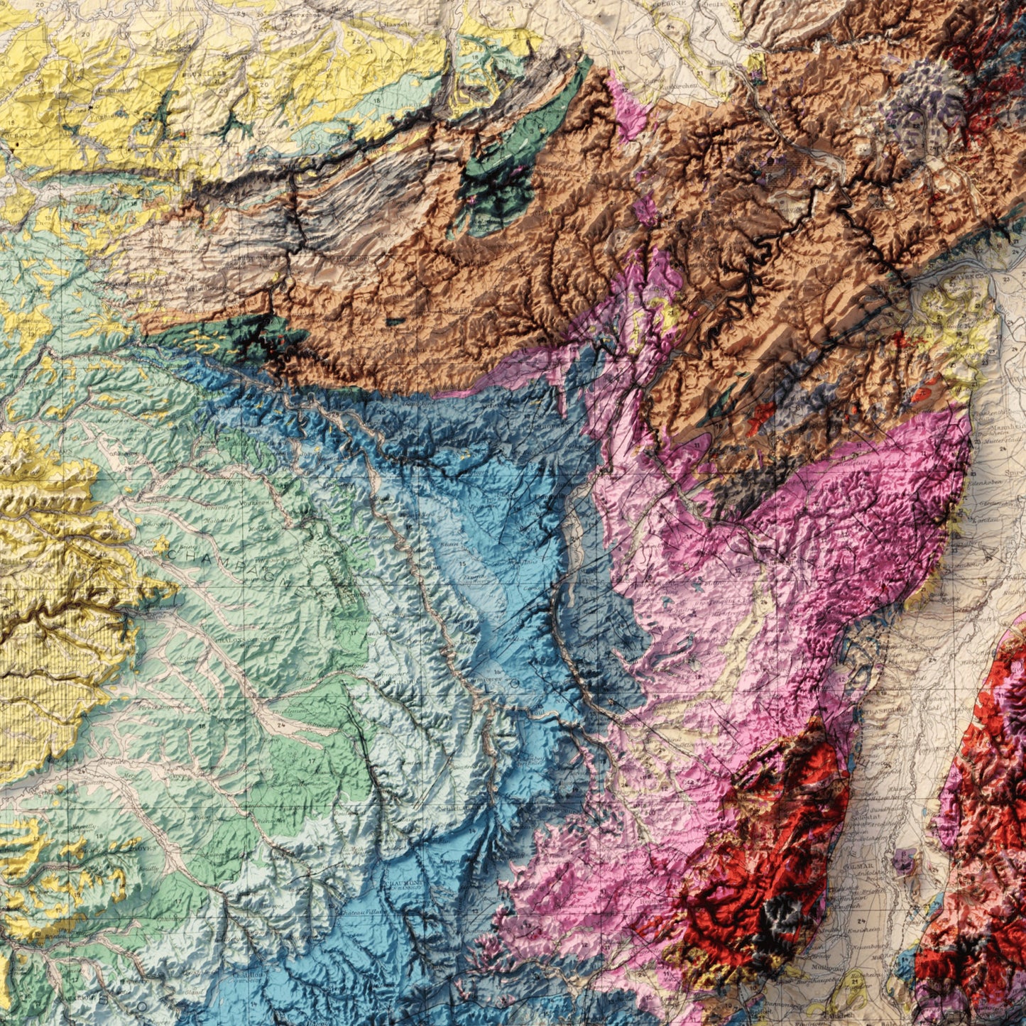 France Geology - Shaded Relief Map (1905)