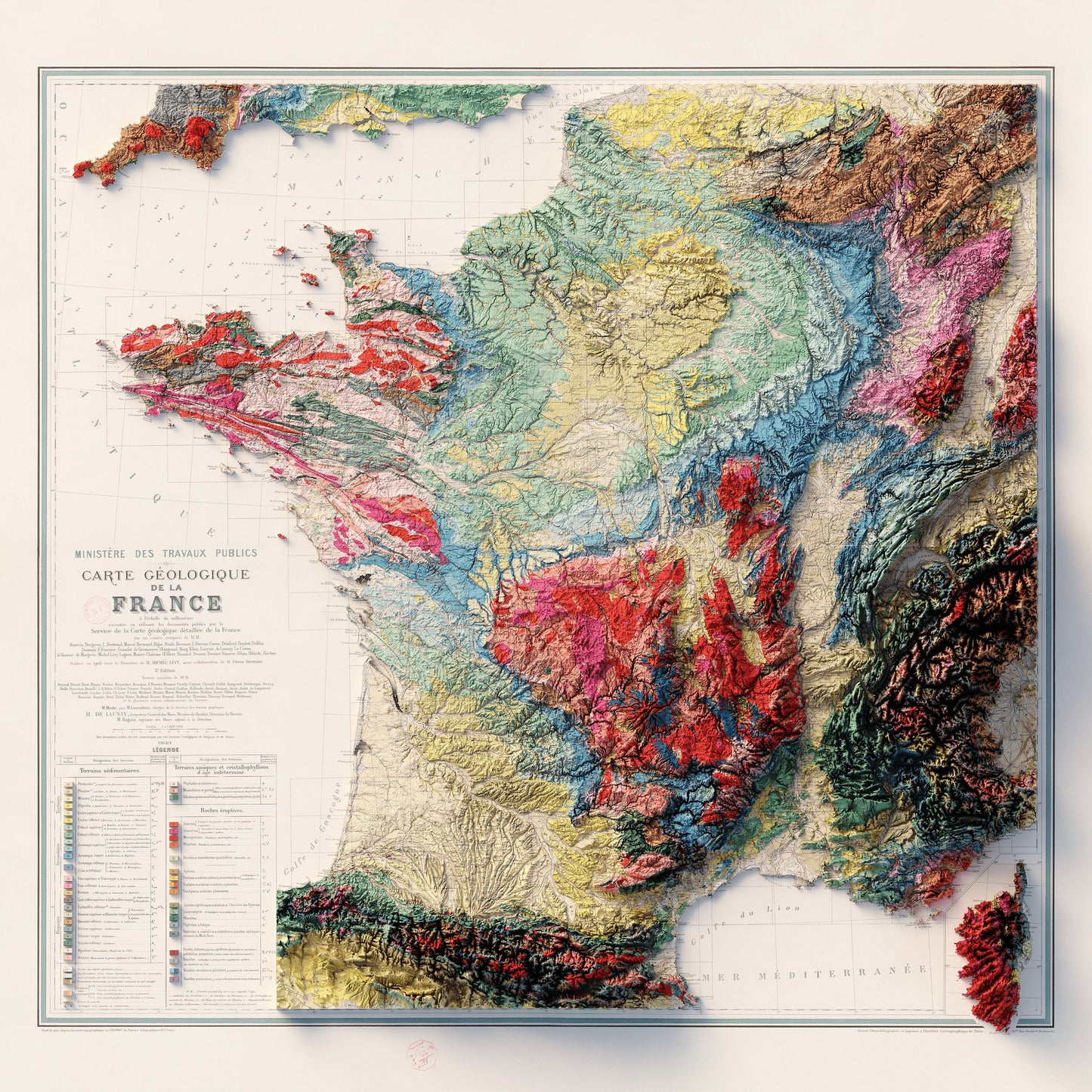 France Geology - Shaded Relief Map (1905)