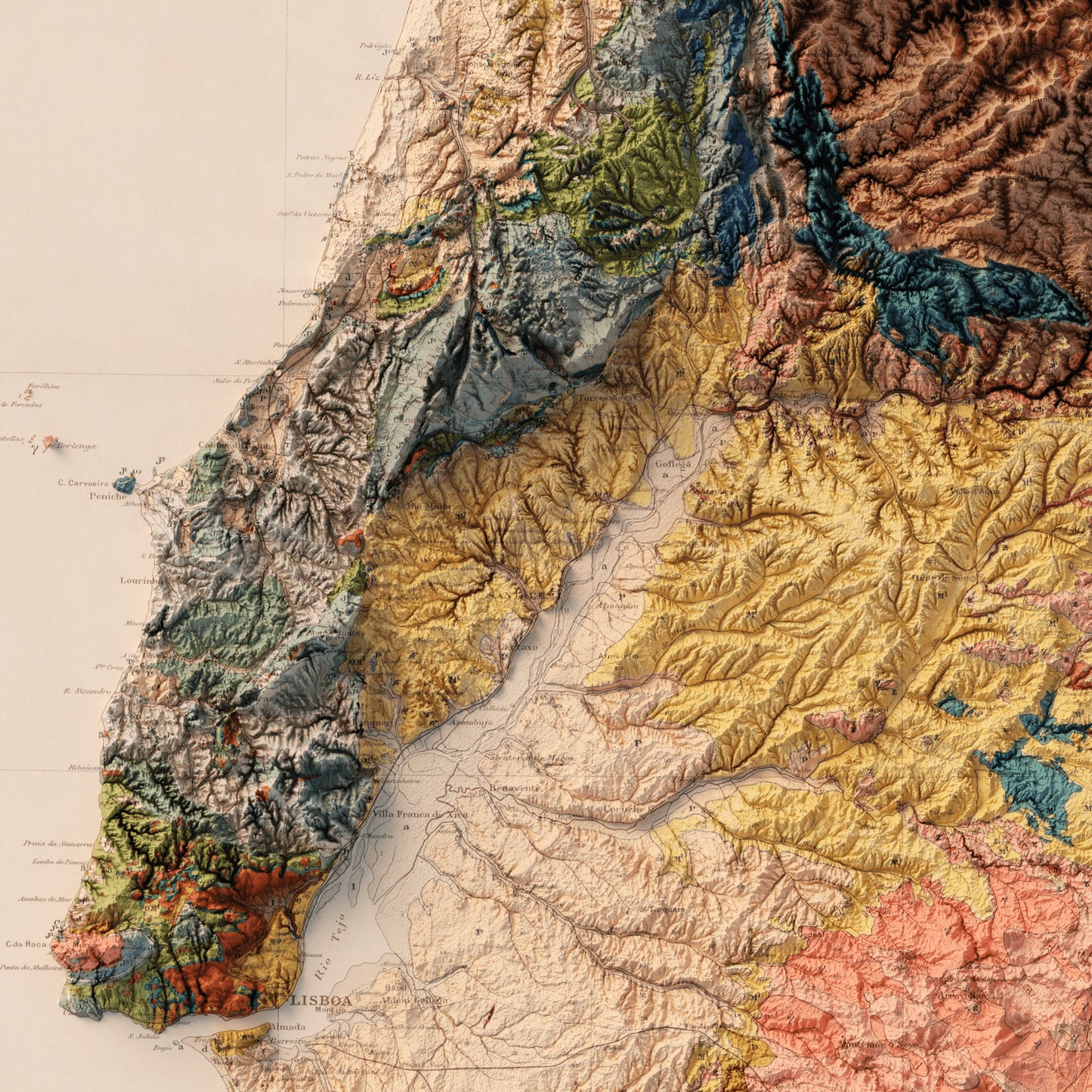 Portugal Geology - Shaded Relief Map (1899)