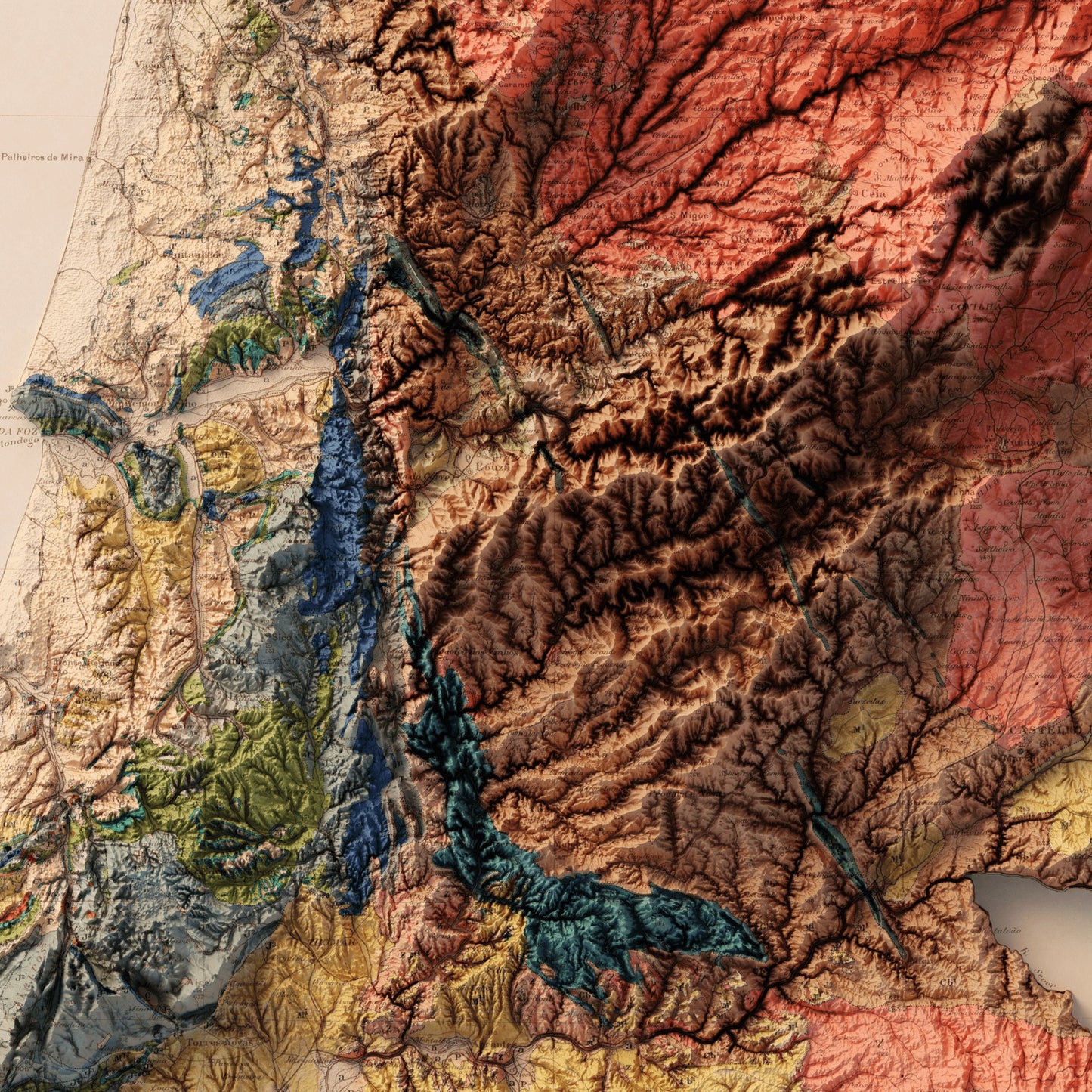 Portugal Geology - Shaded Relief Map (1899)