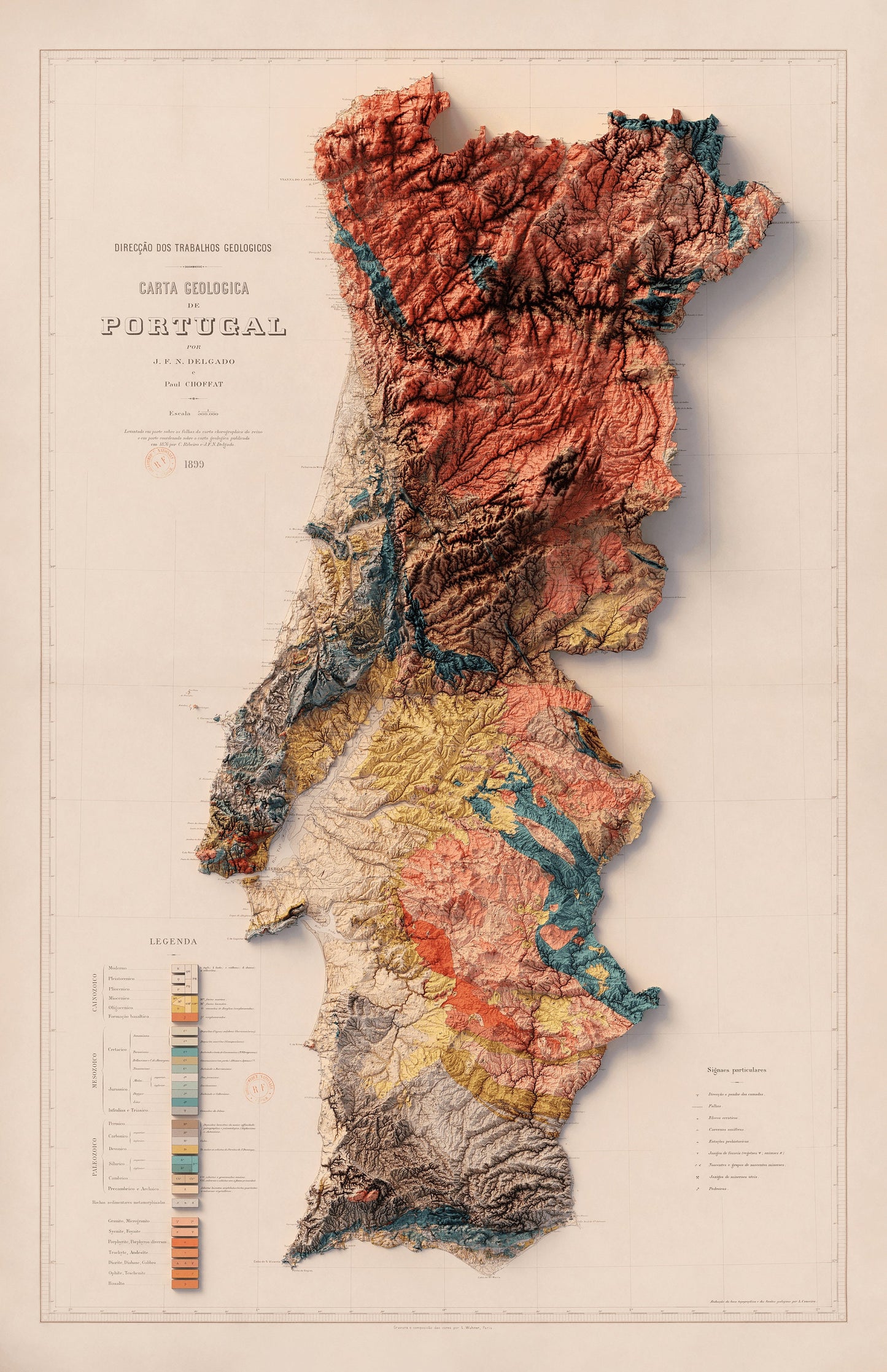 Portugal Geology - Shaded Relief Map (1899)