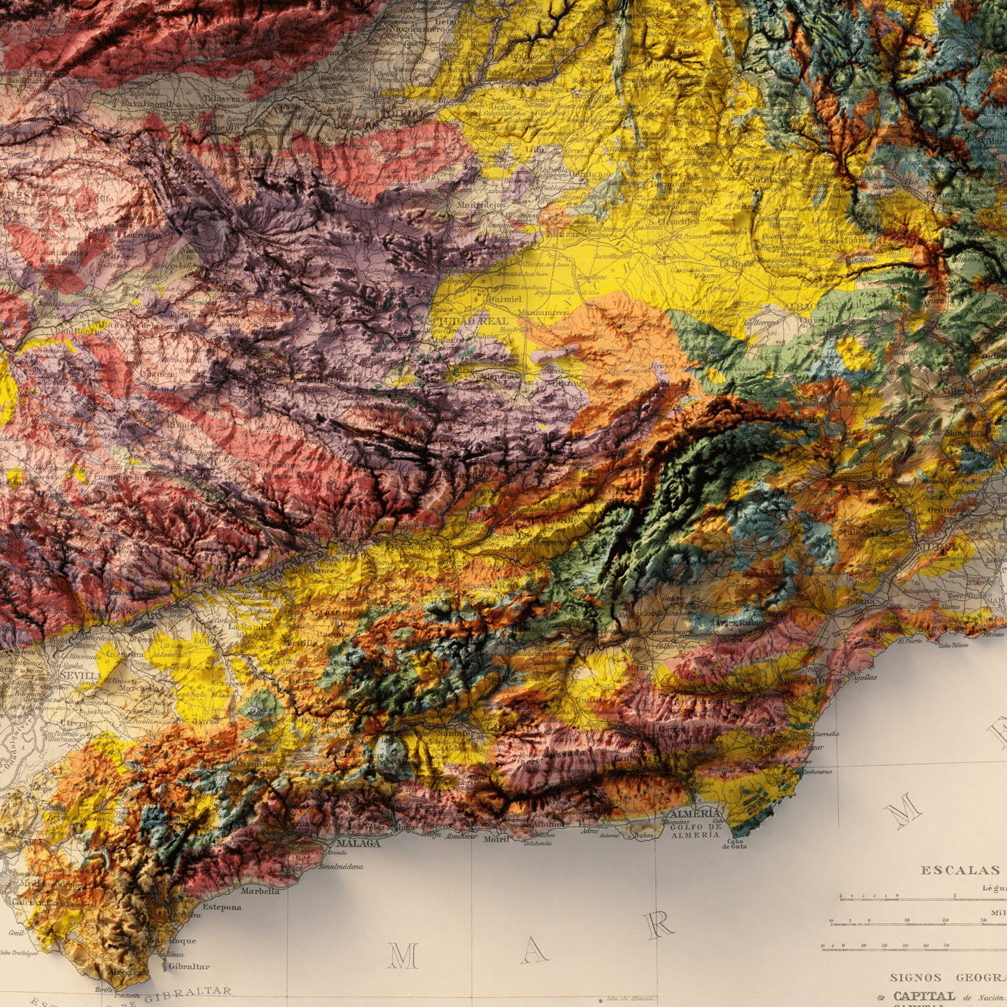 Spain & Portugal Geology - Shaded Relief Map (1919)