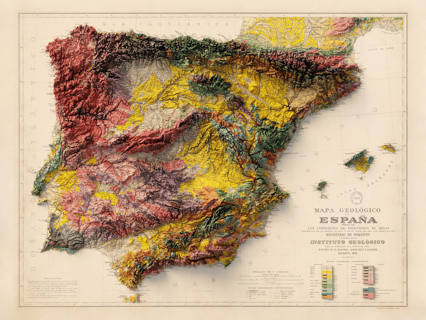 Spain & Portugal Geology - Shaded Relief Map (1919)