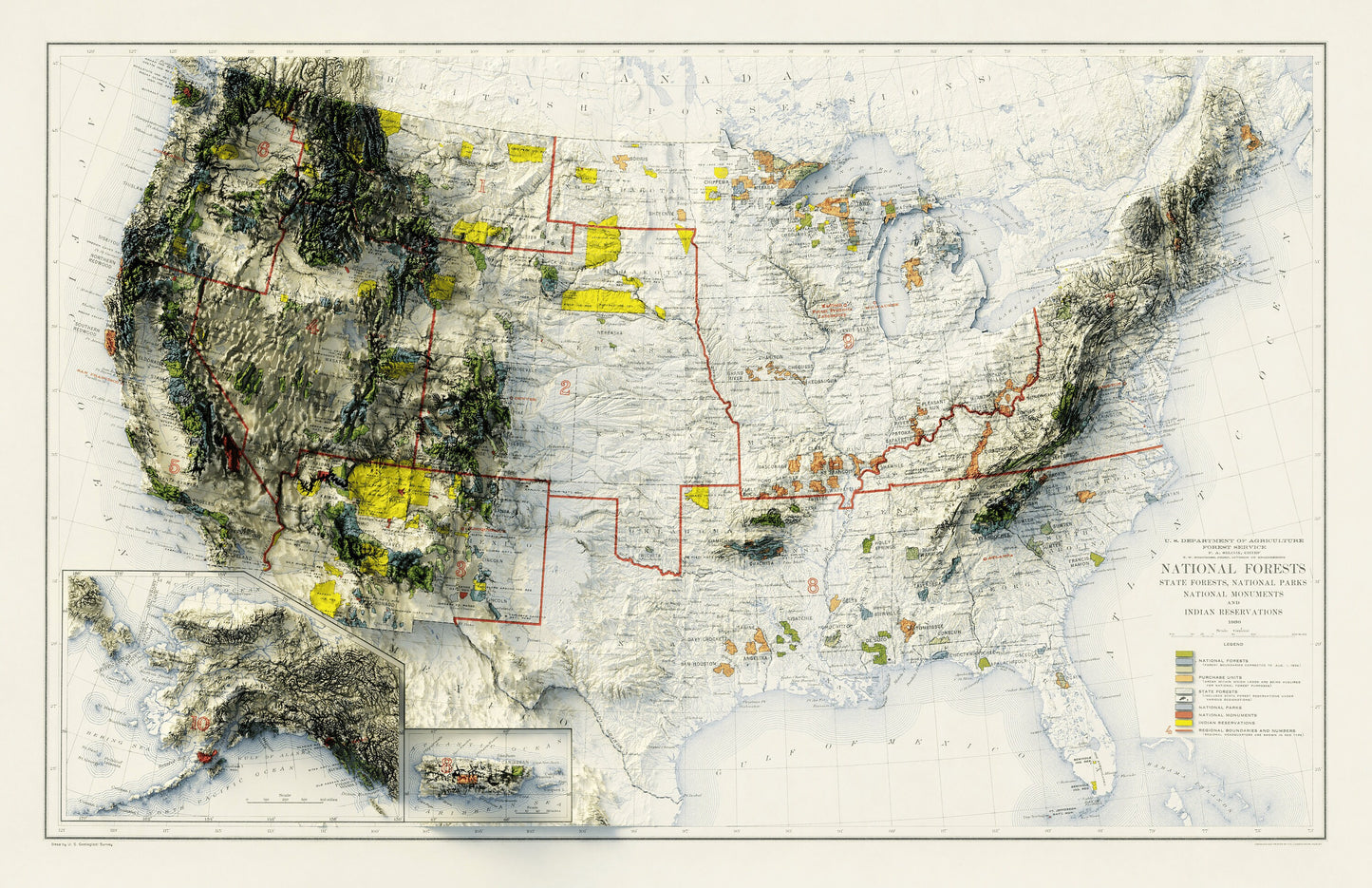 United States National Forests & Parks - Shaded Relief Map (1936)