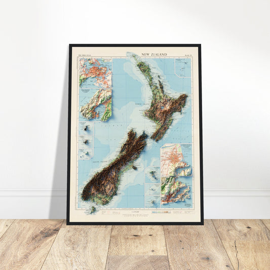 New Zealand Topography - Shaded Relief Map (1958)