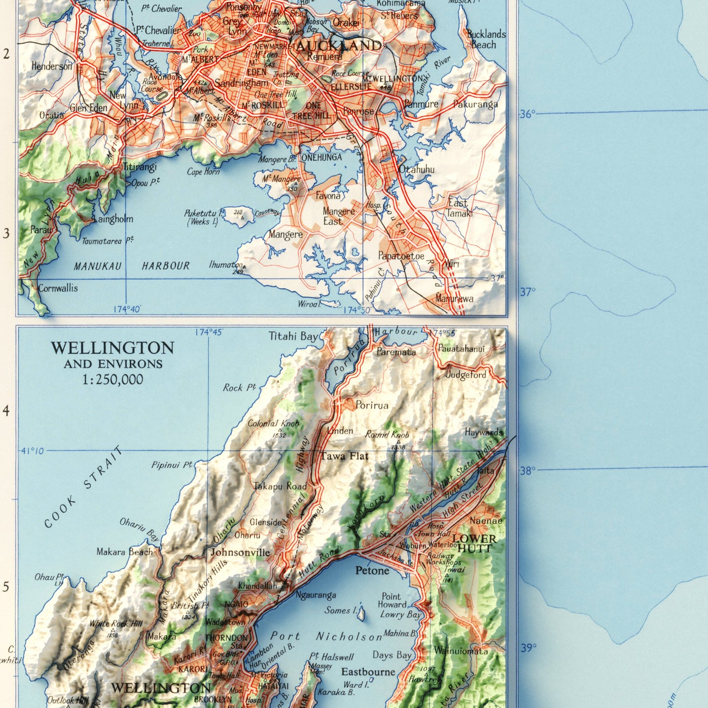 New Zealand Topography - Shaded Relief Map (1958)