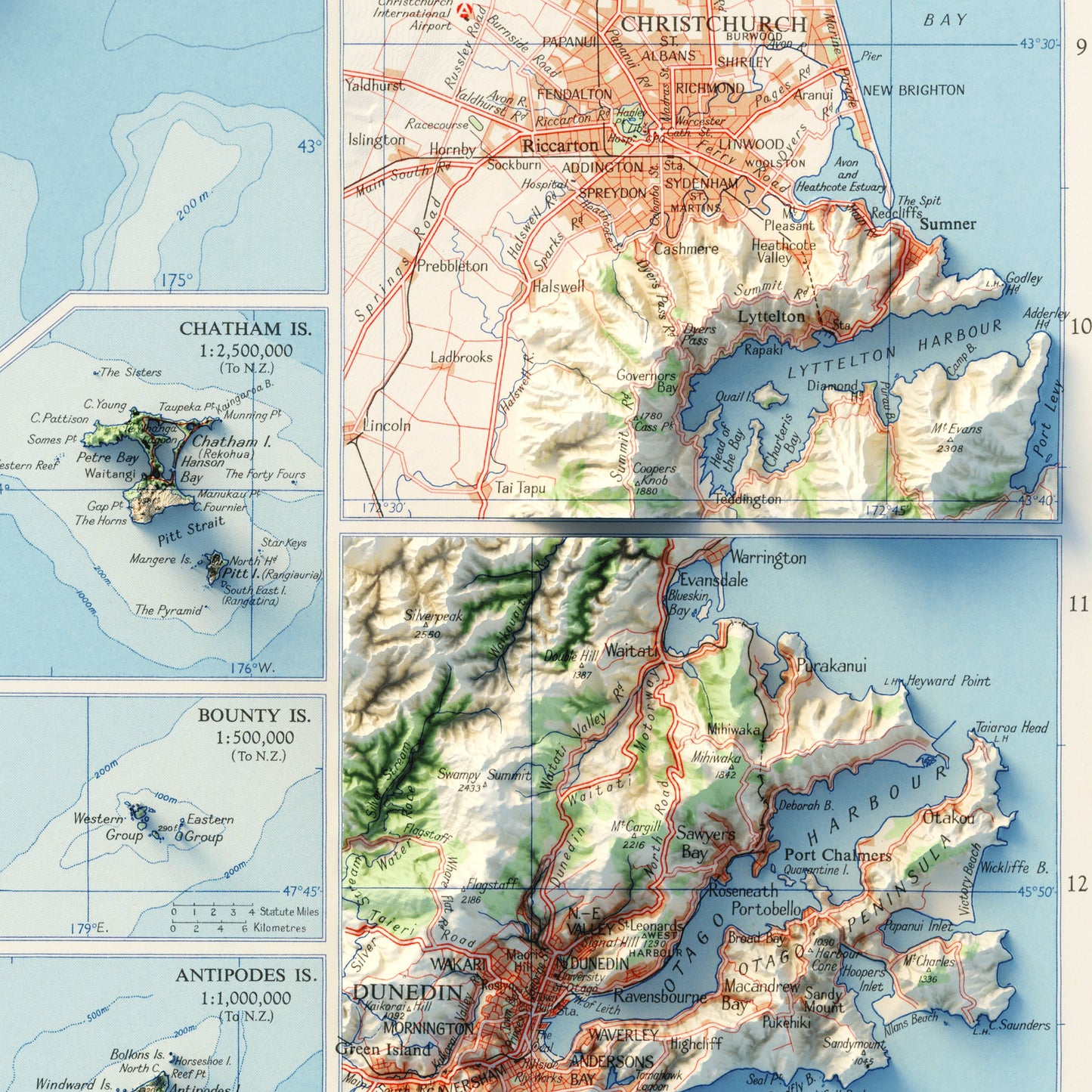 New Zealand Topography - Shaded Relief Map (1958)