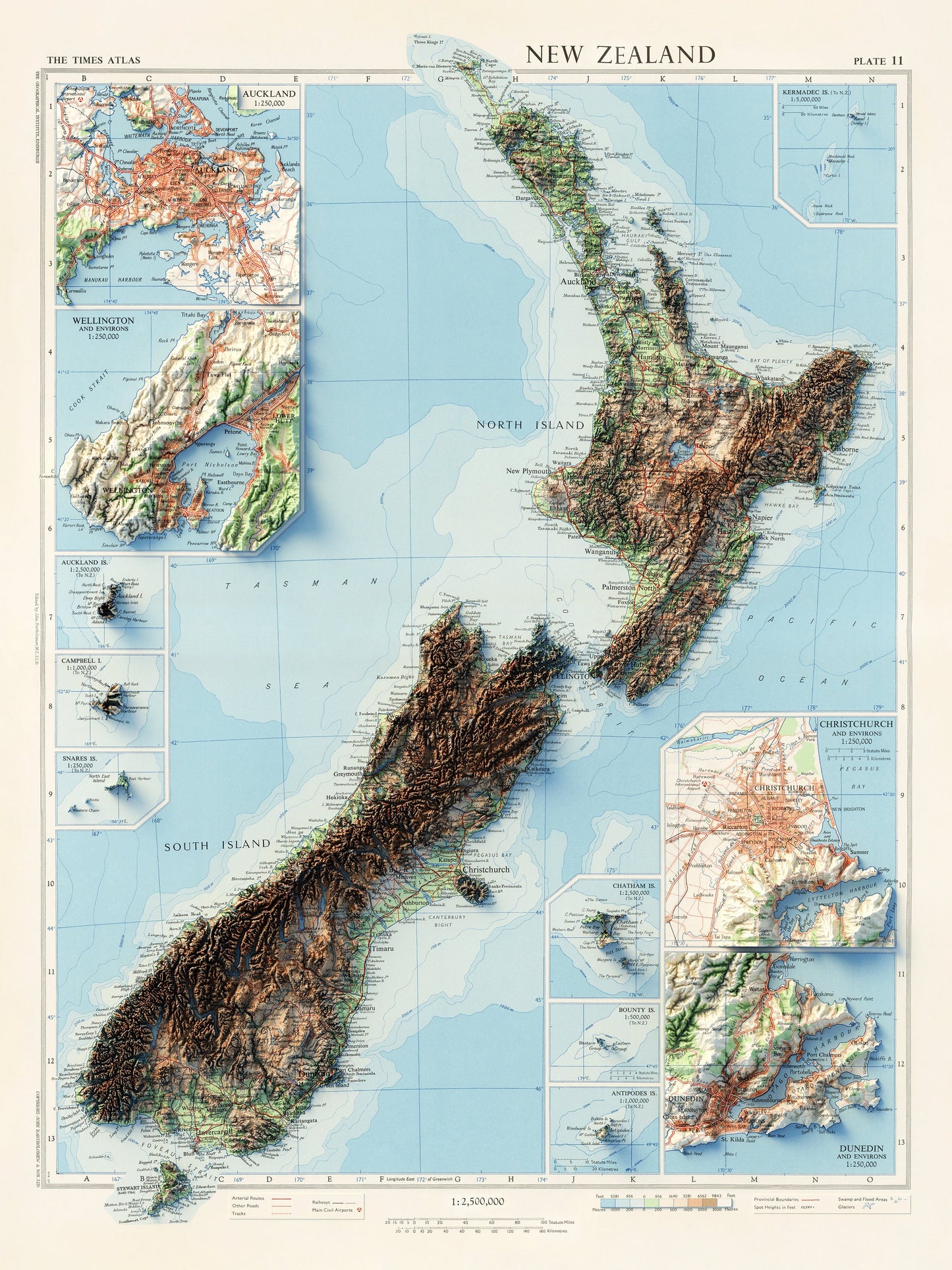 New Zealand Topography - Shaded Relief Map (1958)