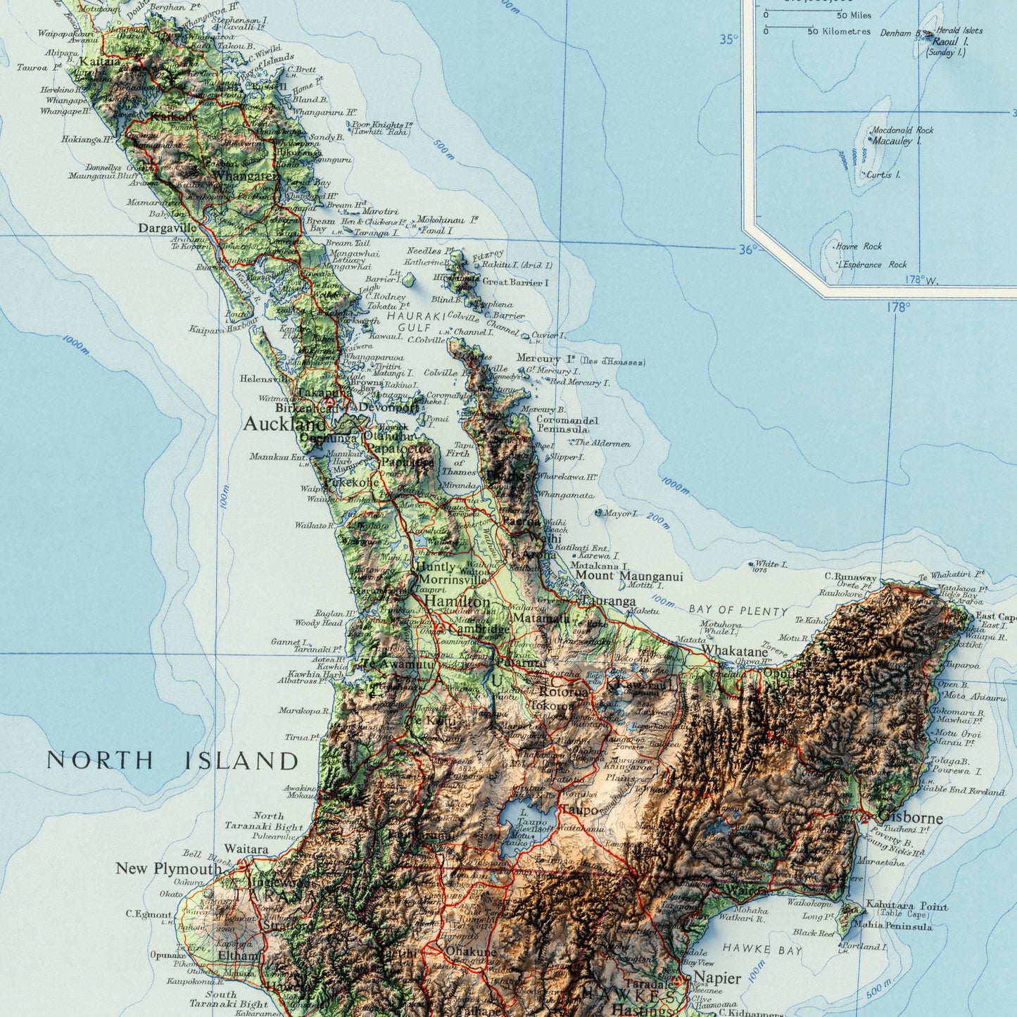 New Zealand Topography - Shaded Relief Map (1958)