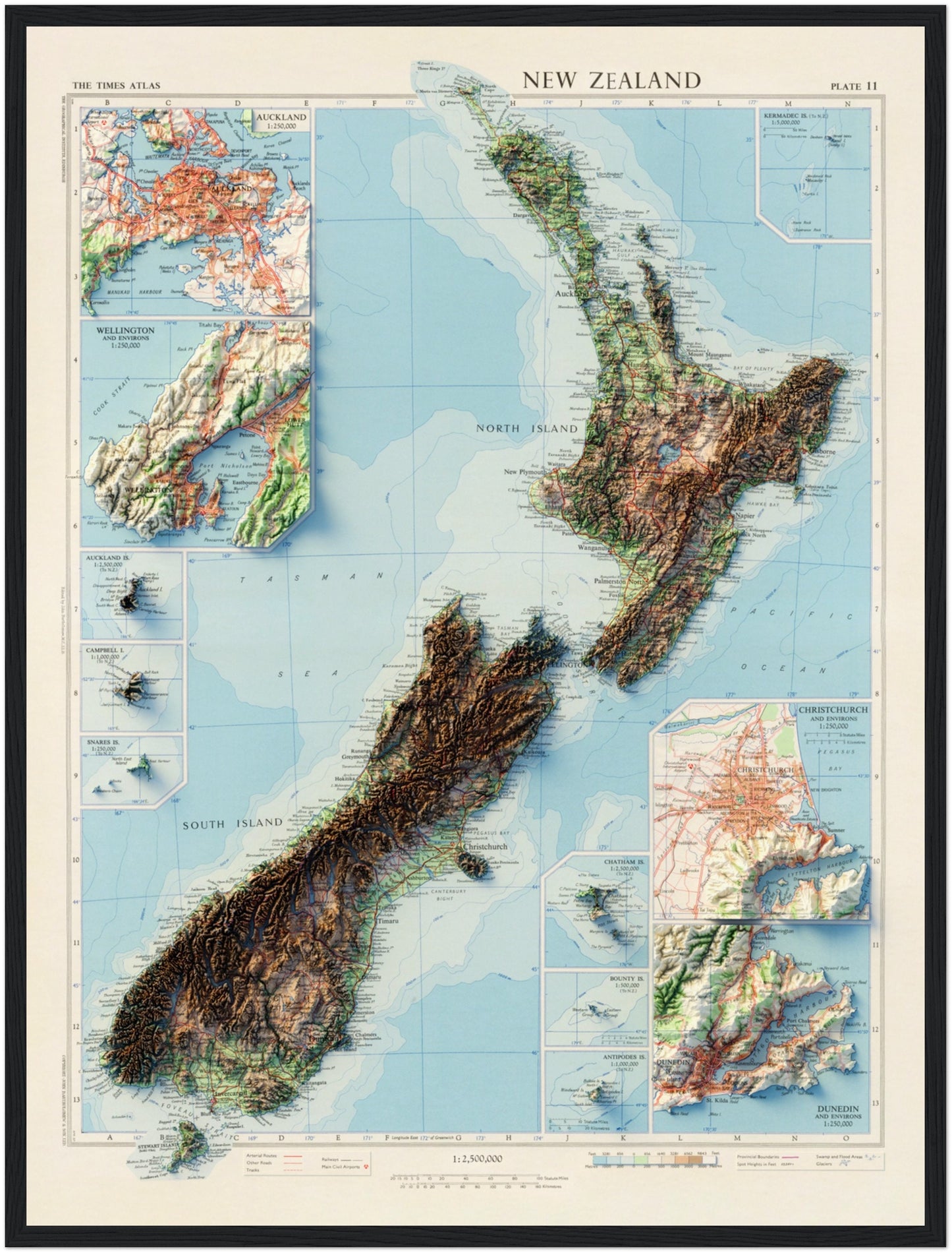 New Zealand Topography - Shaded Relief Map (1958)