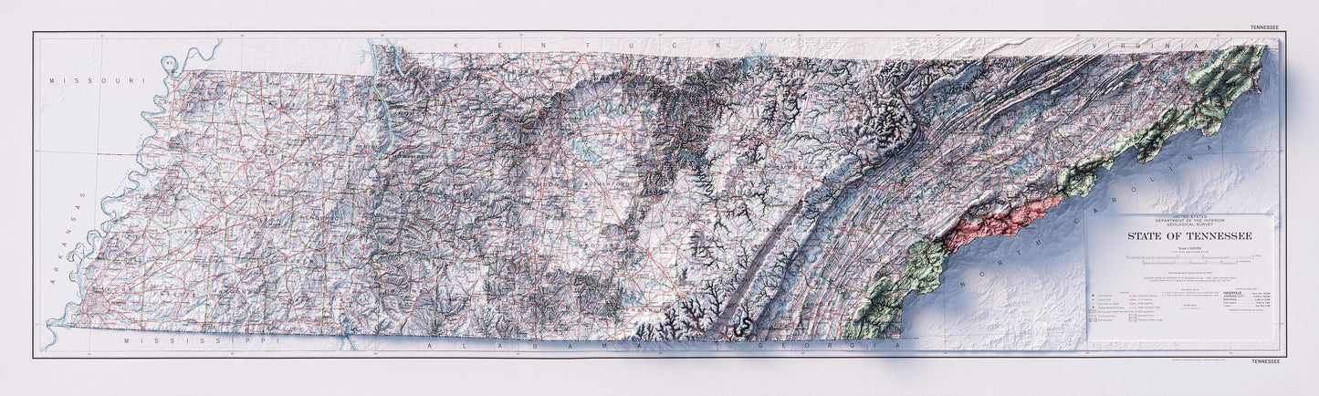 Tennessee Road Map - Shaded Relief (1977)