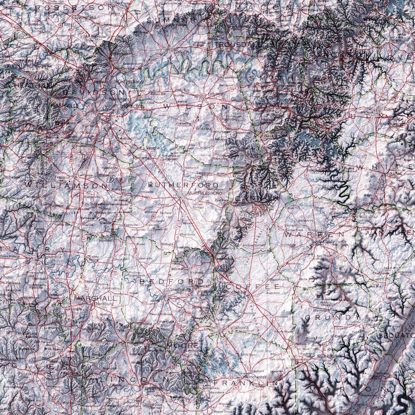 Tennessee Road Map - Shaded Relief (1977)