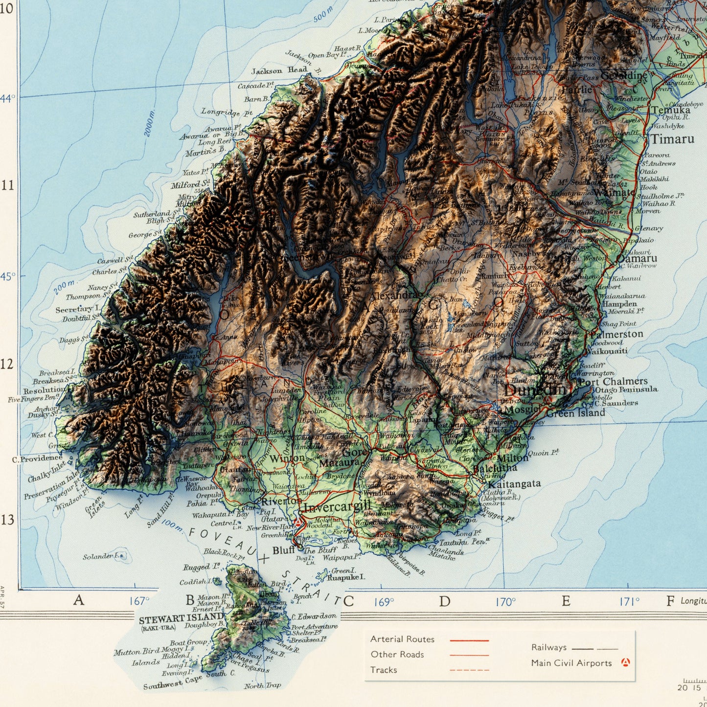 New Zealand Topography - Shaded Relief Map (1958)