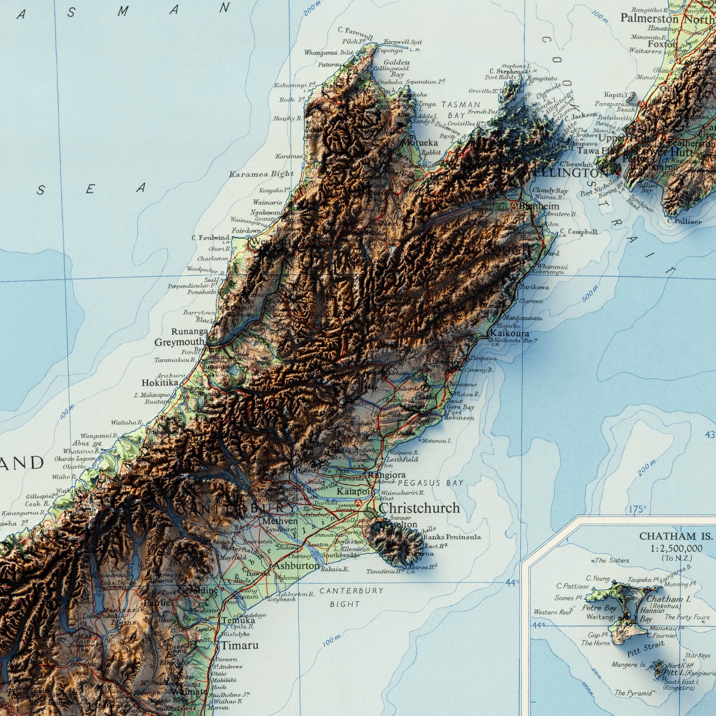 New Zealand Topography - Shaded Relief Map (1958)