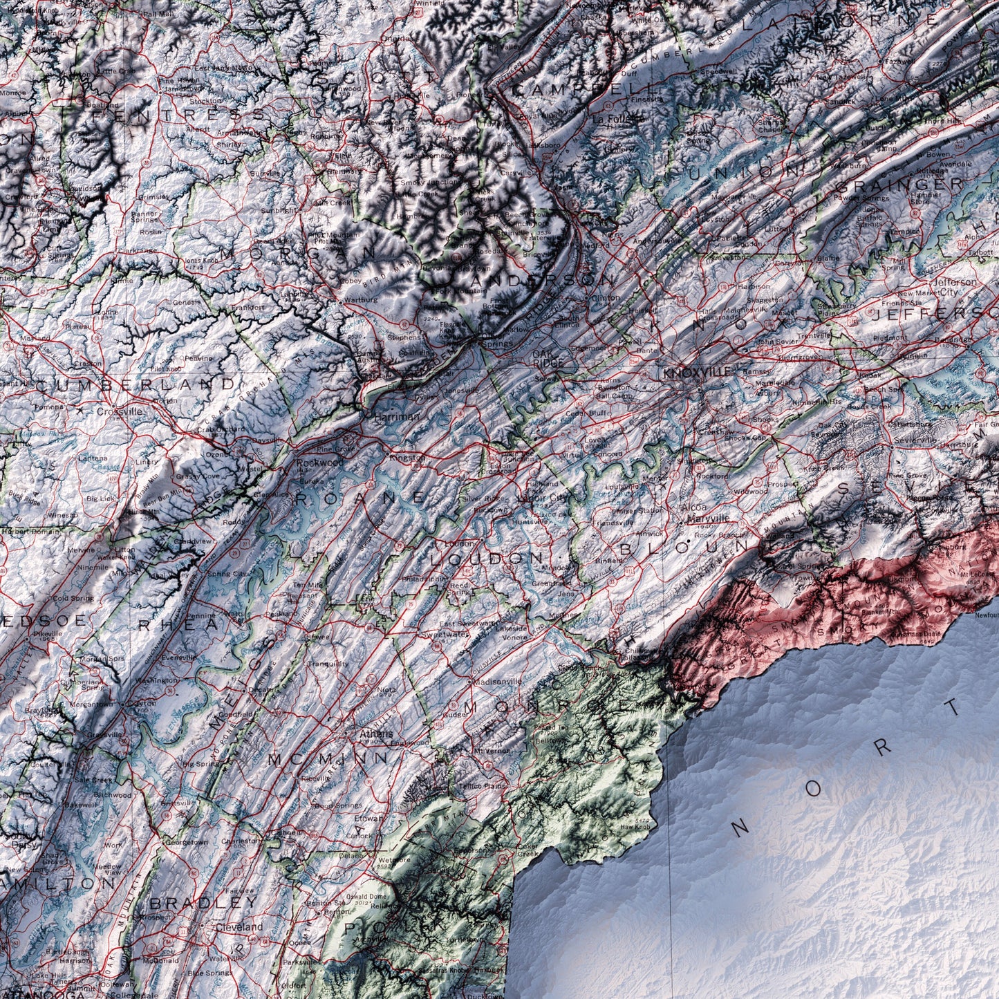 Tennessee Road Map - Shaded Relief (1977)