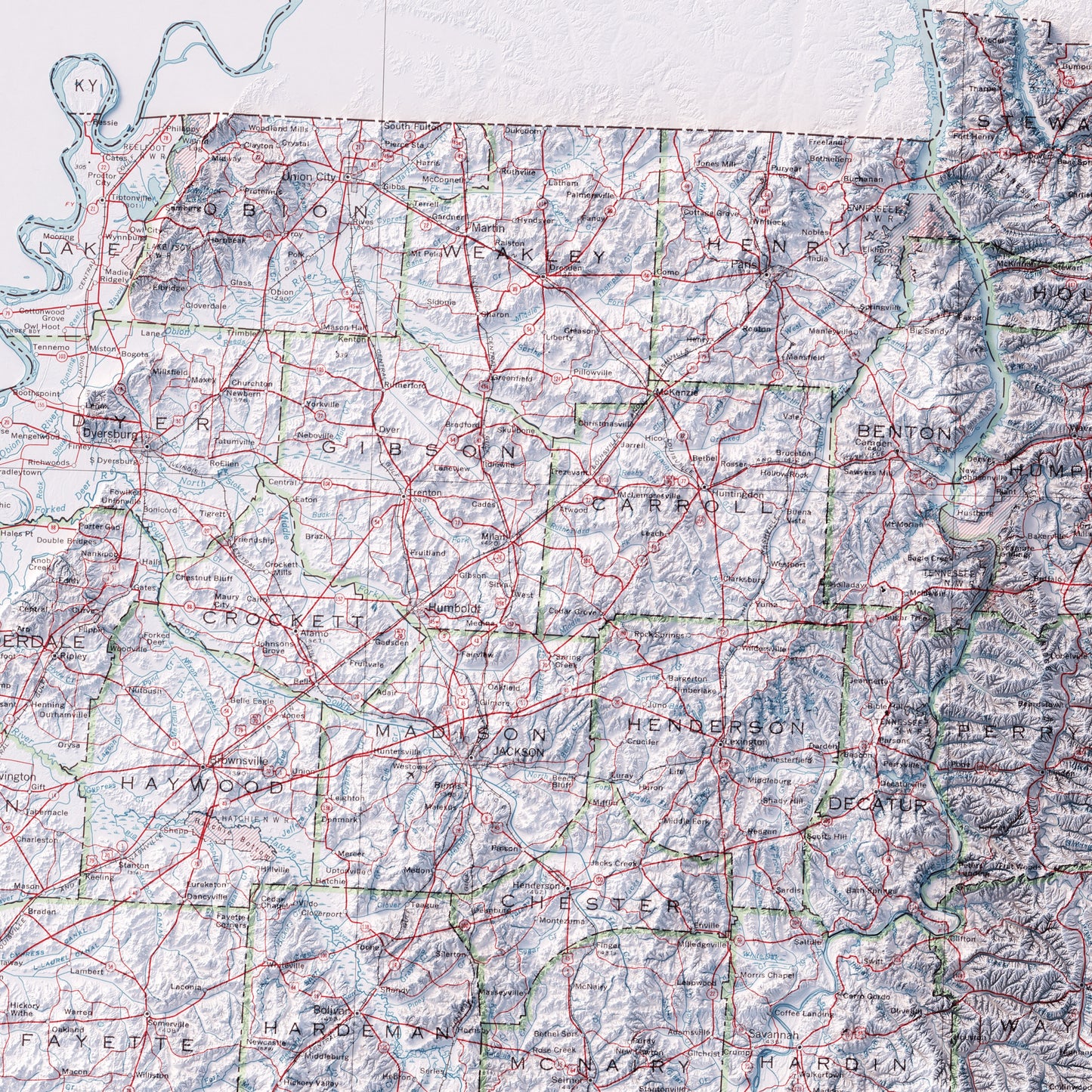 Tennessee Road Map - Shaded Relief (1977)