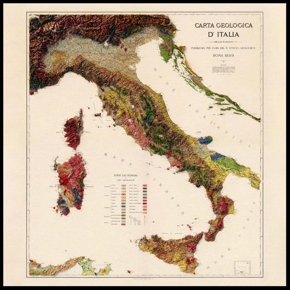 Italy Geology - Shaded Relief Map (1889)